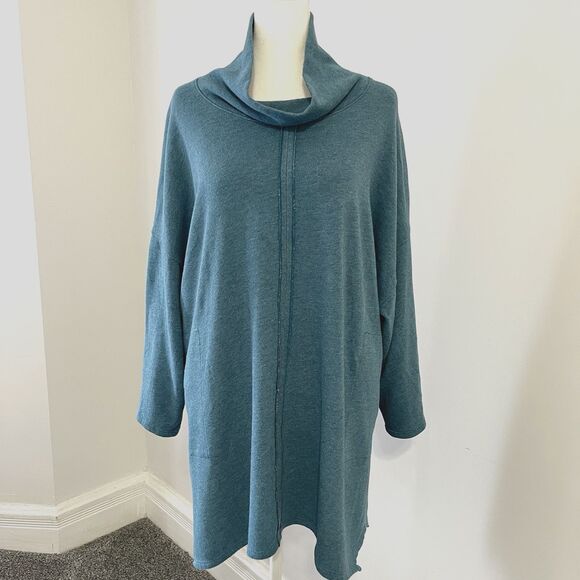 J Jill Pure Jill Sweater Womens Large Cowl Neck 3/4 Kimono Sleeve Teal Pockets - Picture 1 of 12